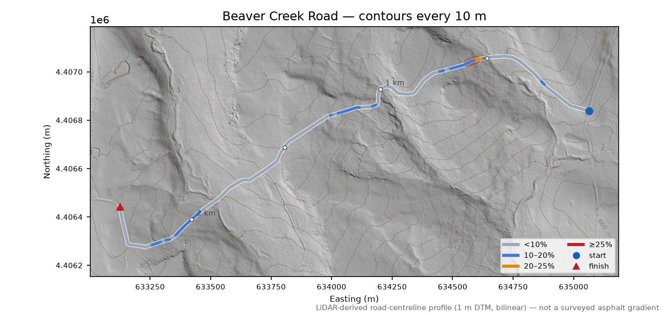 Beaver Creek Road LiDAR hillshade map with contours
