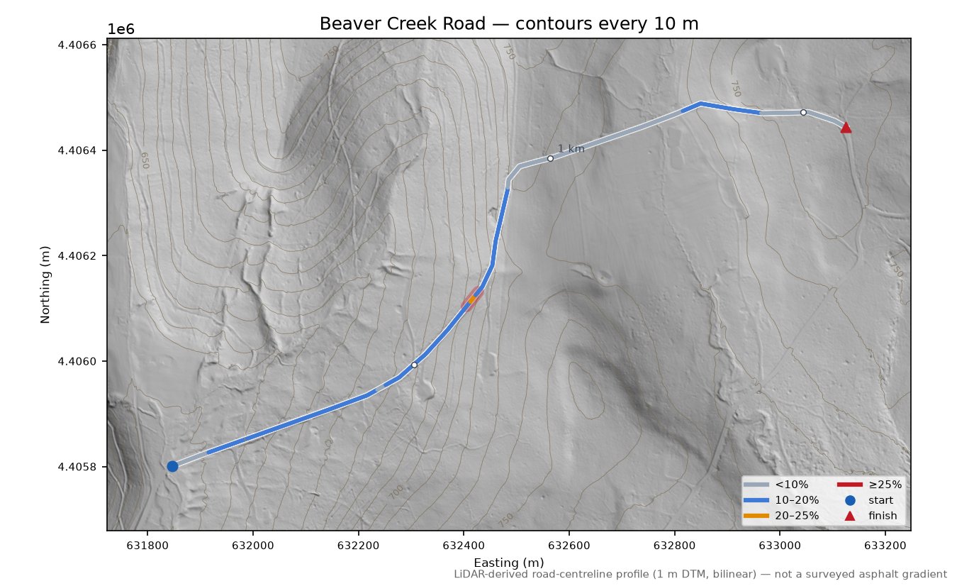 Beaver Creek Road LiDAR hillshade map with contours