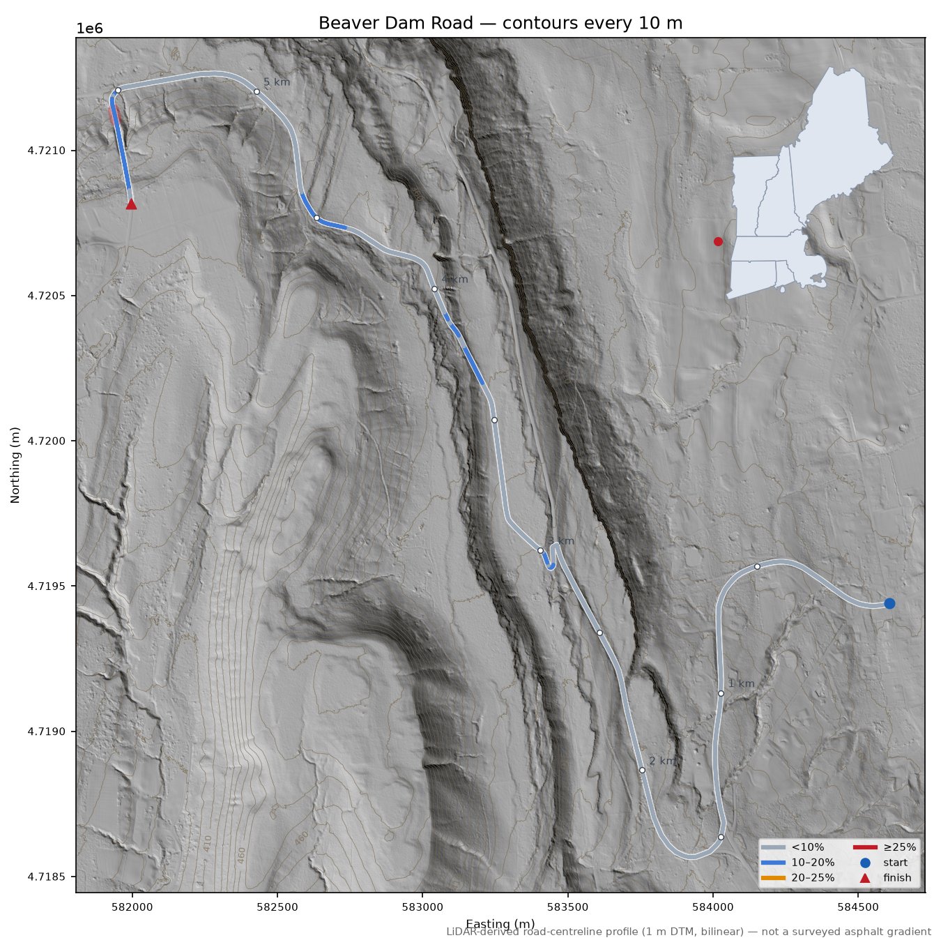 Beaver Dam Road LiDAR hillshade map with contours