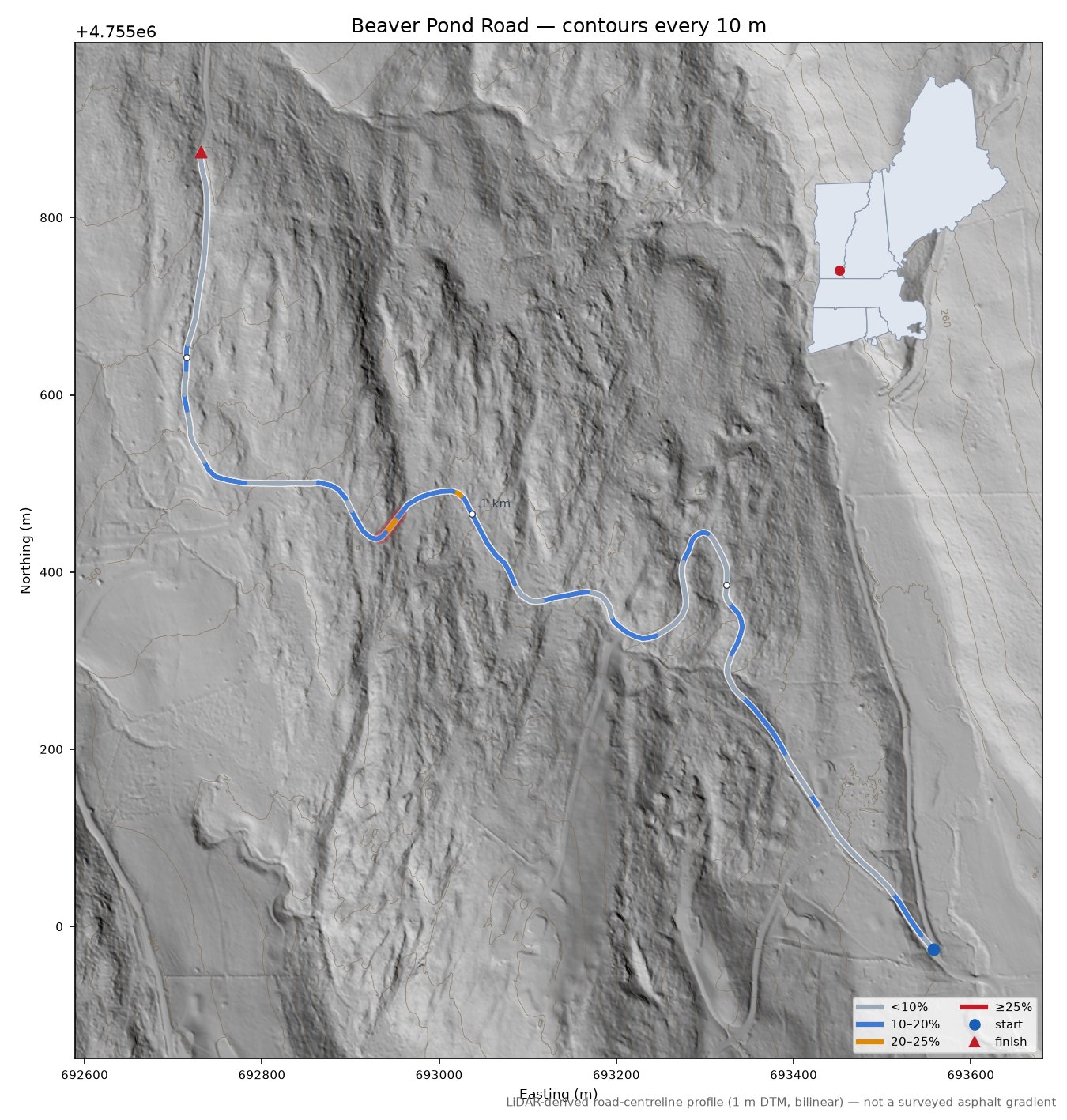 Beaver Pond Road LiDAR hillshade map with contours