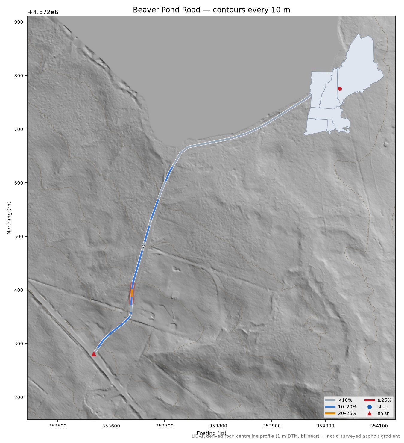 Beaver Pond Road LiDAR hillshade map with contours
