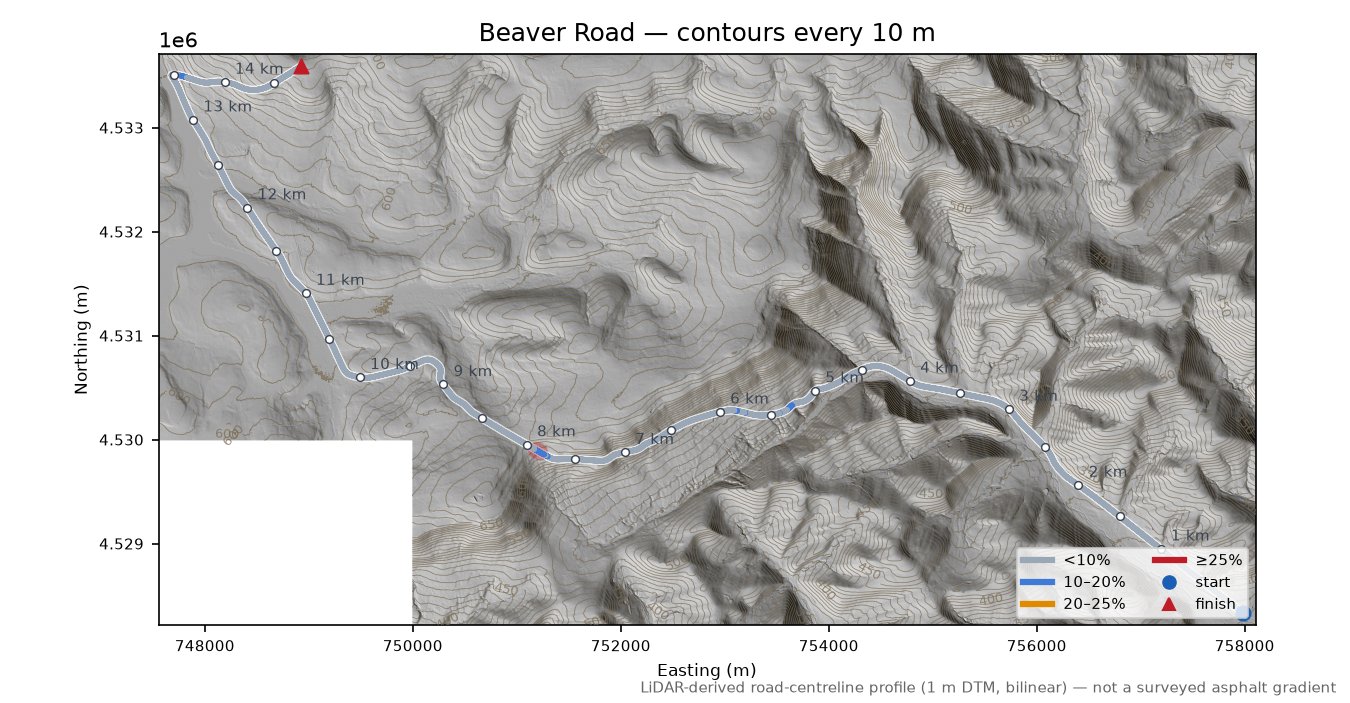 Beaver Road LiDAR hillshade map with contours