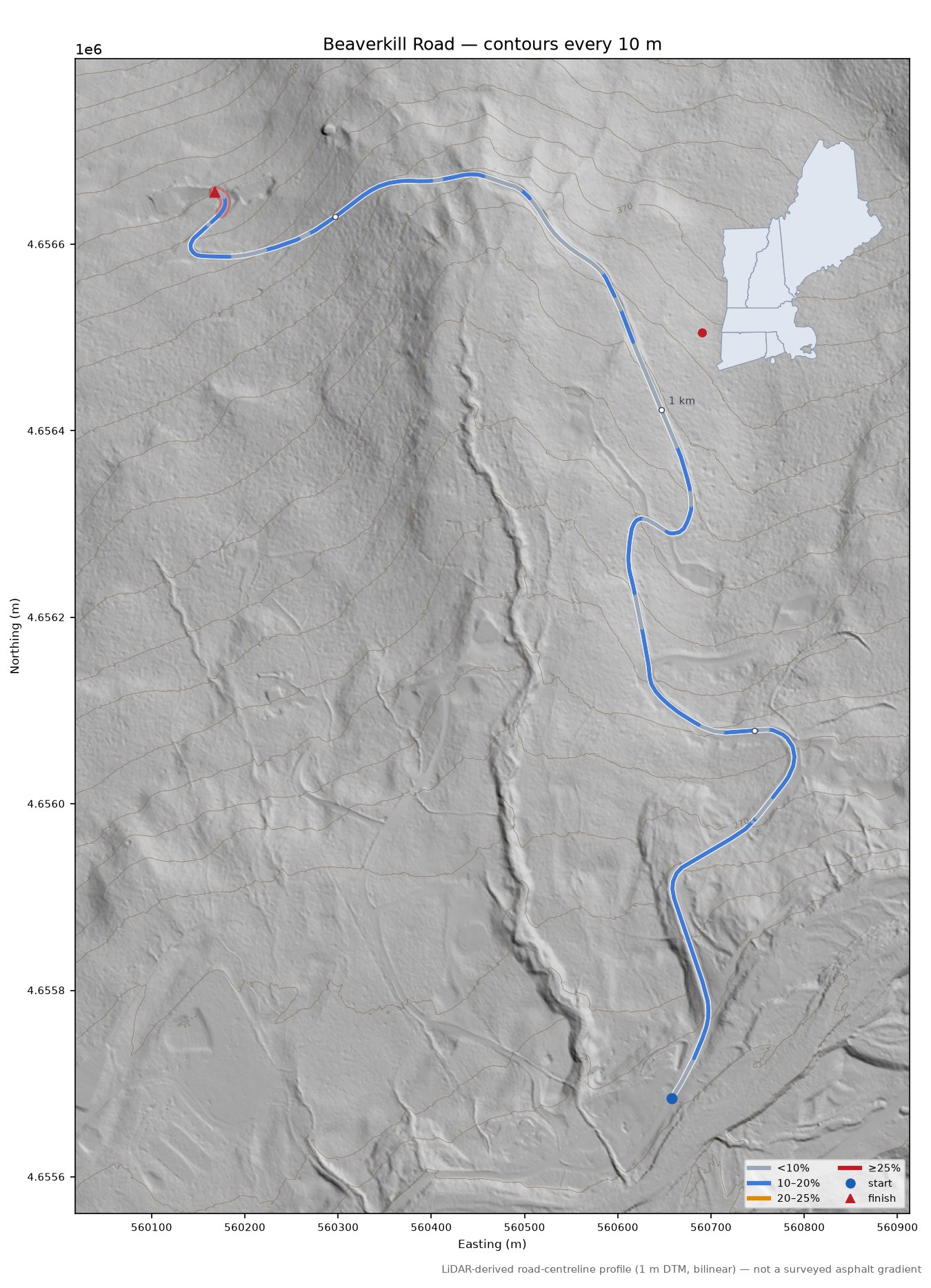 Beaverkill Road LiDAR hillshade map with contours