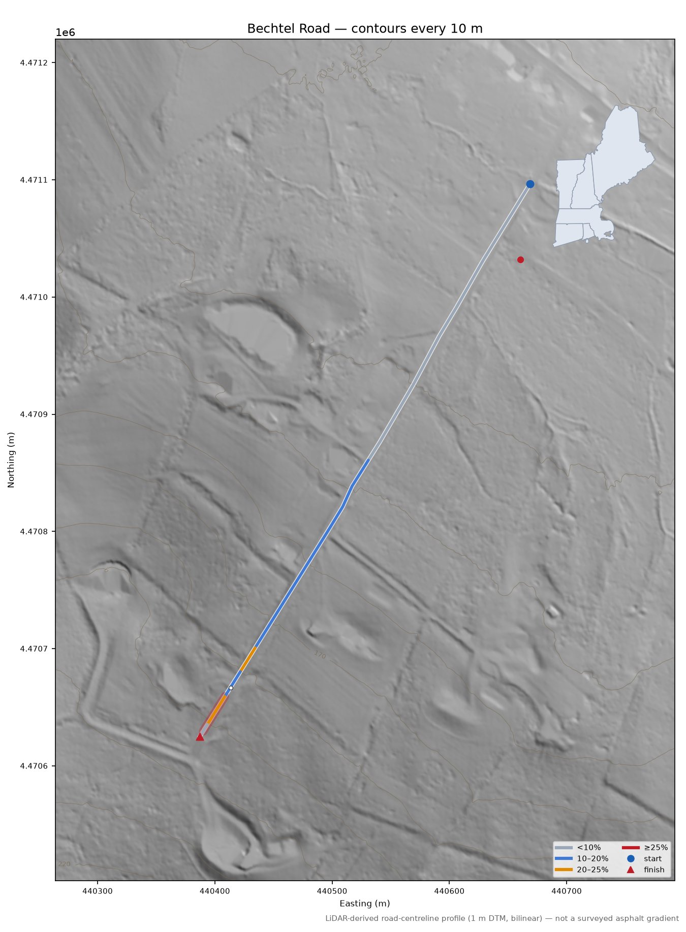Bechtel Road LiDAR hillshade map with contours