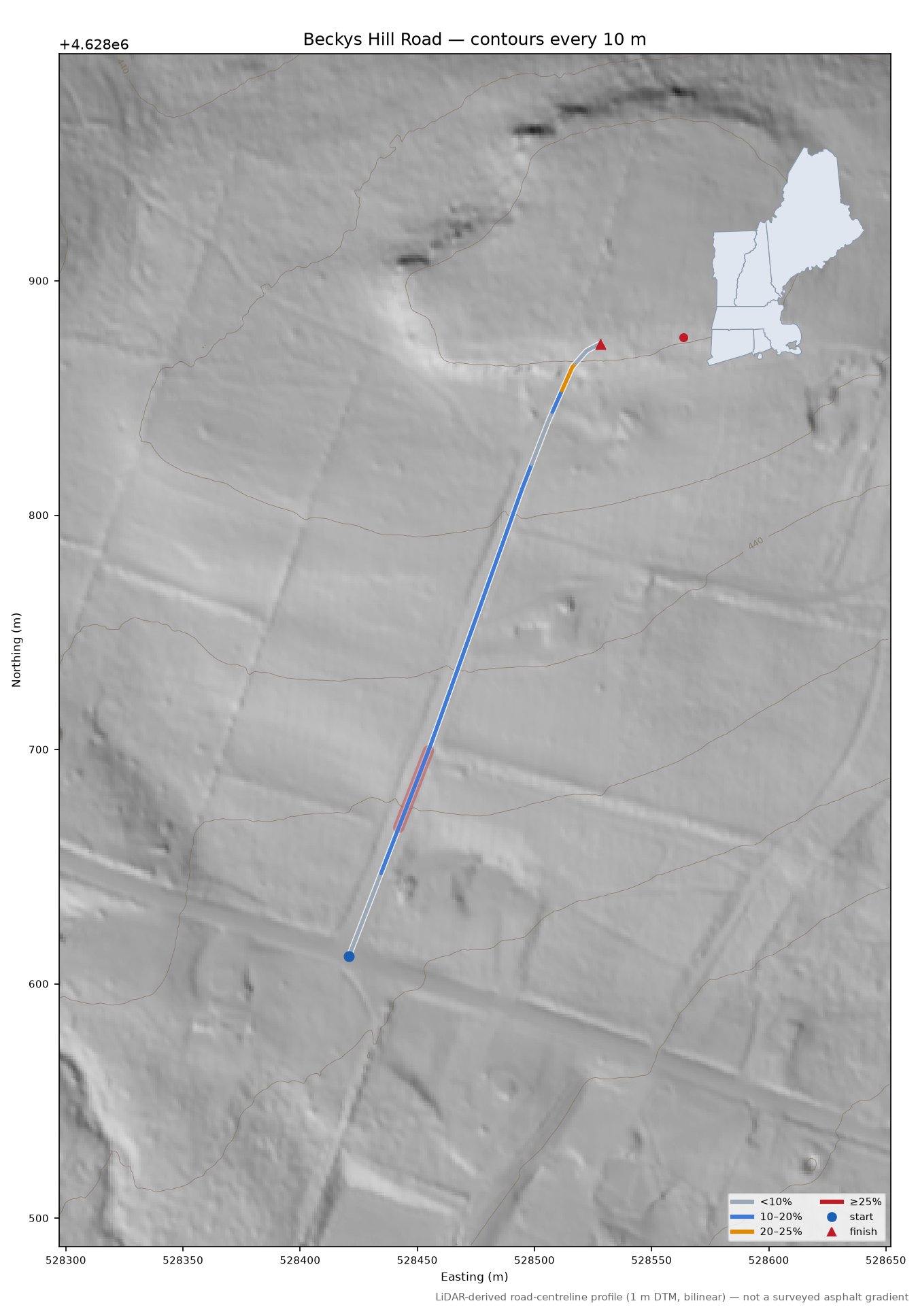 Beckys Hill Road LiDAR hillshade map with contours