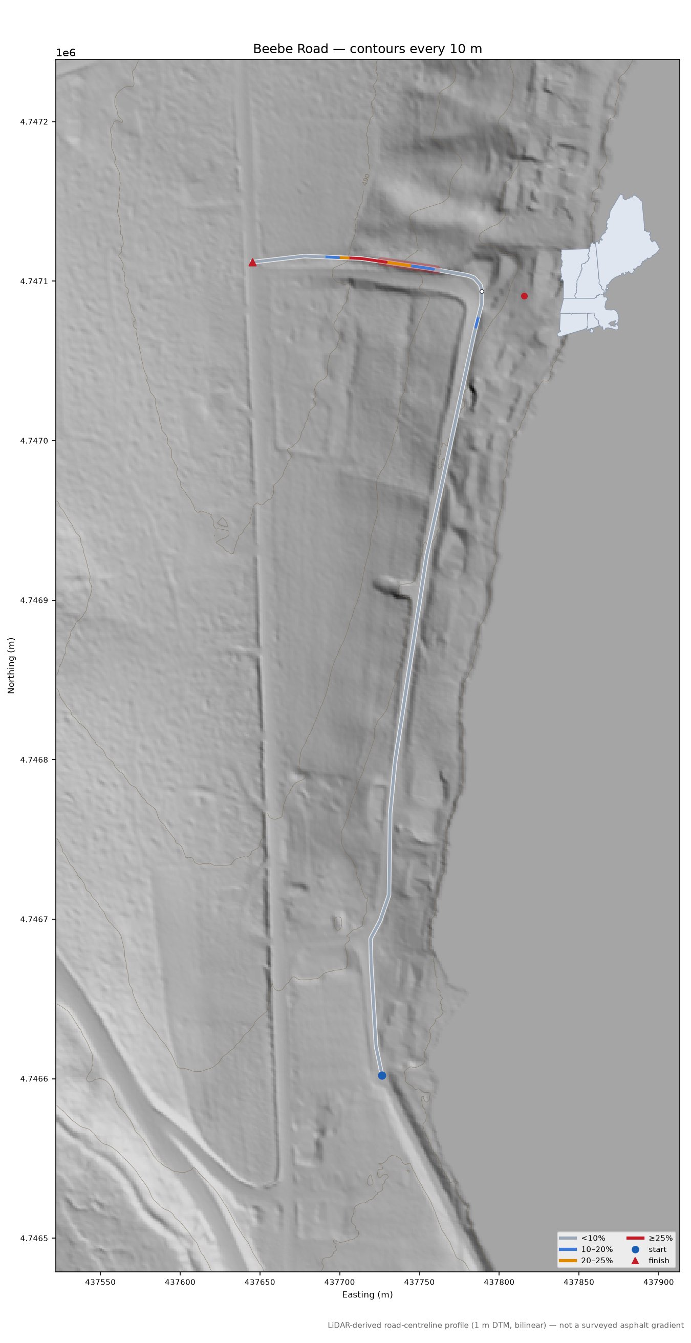 Beebe Road LiDAR hillshade map with contours