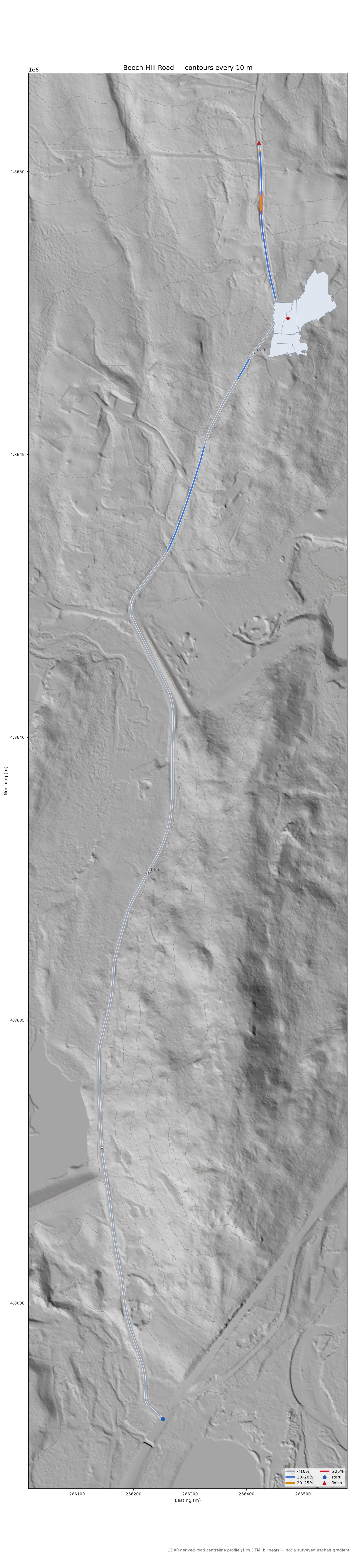 Beech Hill Road LiDAR hillshade map with contours