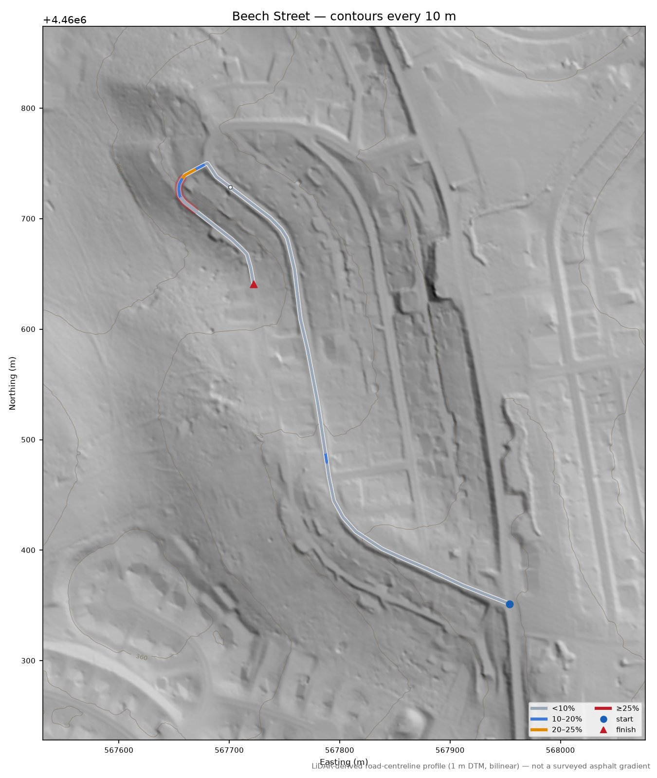 Beech Street LiDAR hillshade map with contours