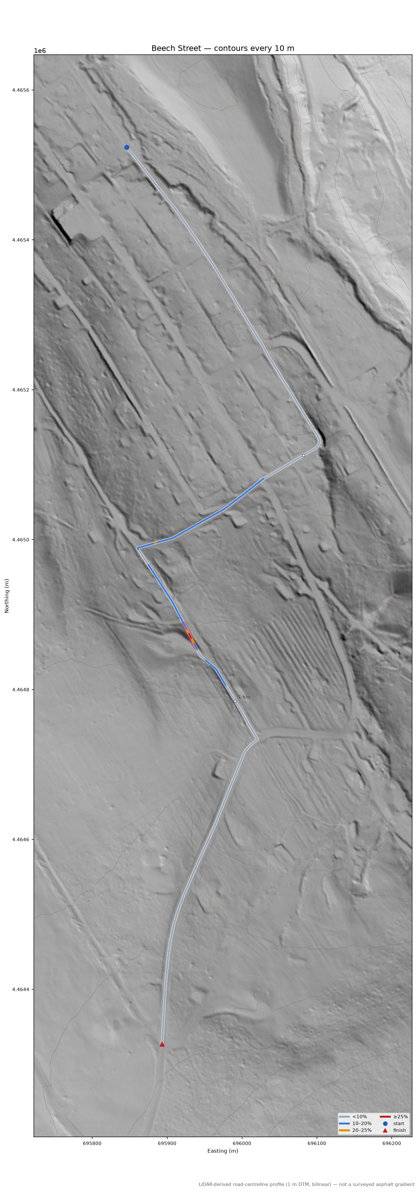 Beech Street LiDAR hillshade map with contours