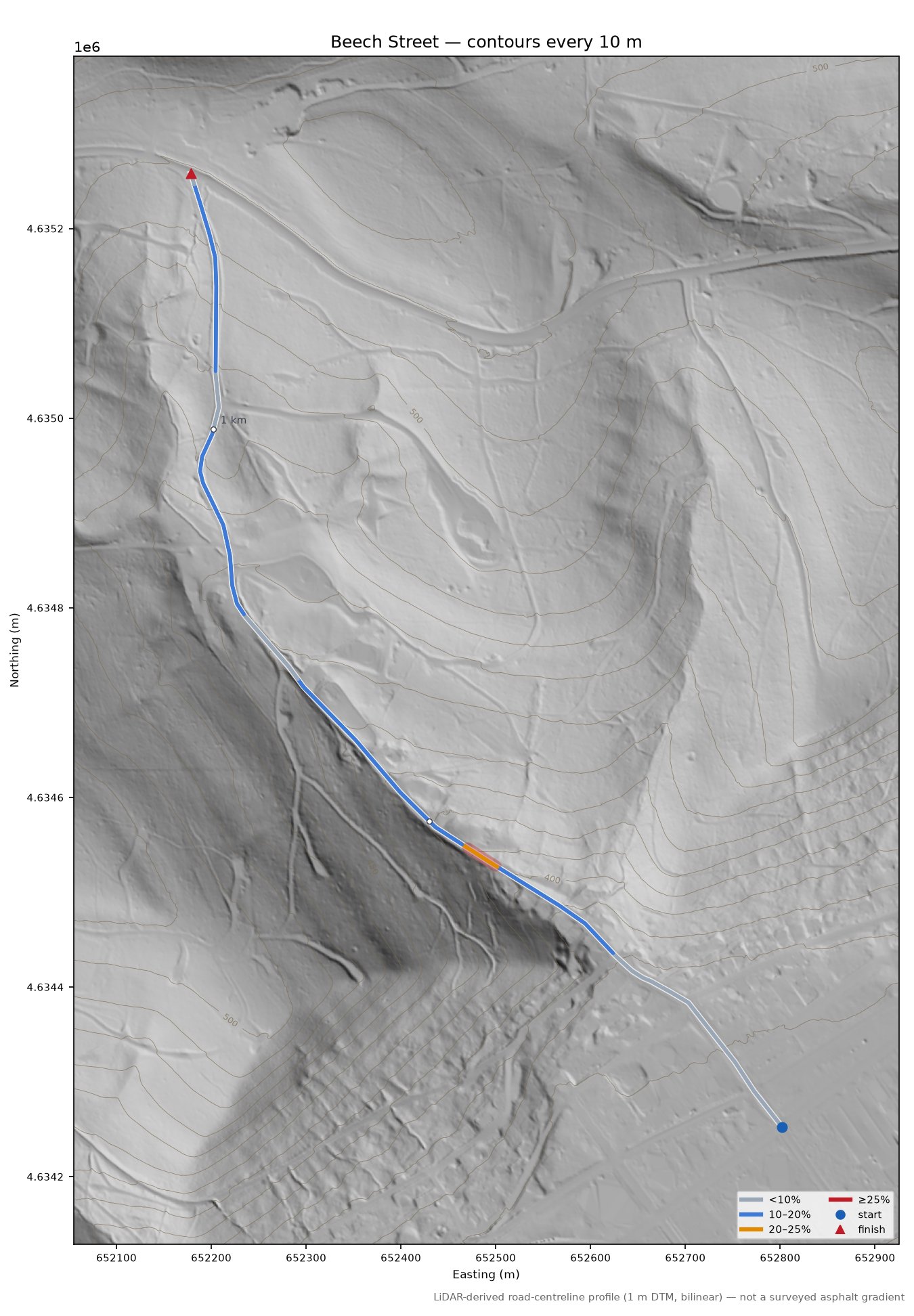 Beech Street LiDAR hillshade map with contours