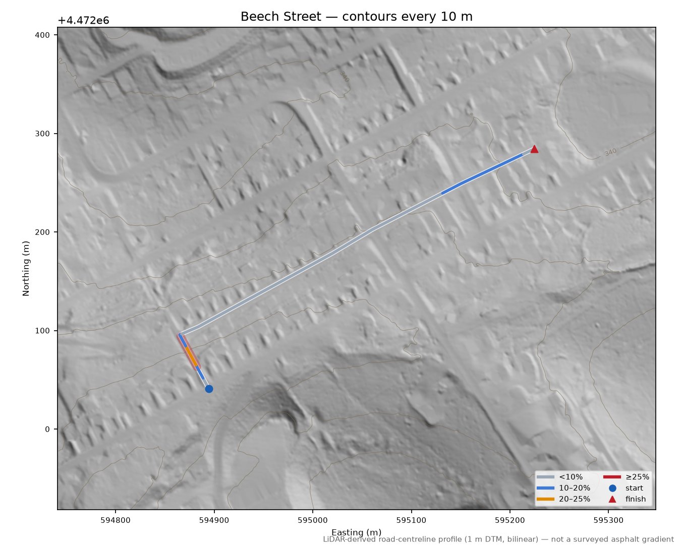 Beech Street LiDAR hillshade map with contours