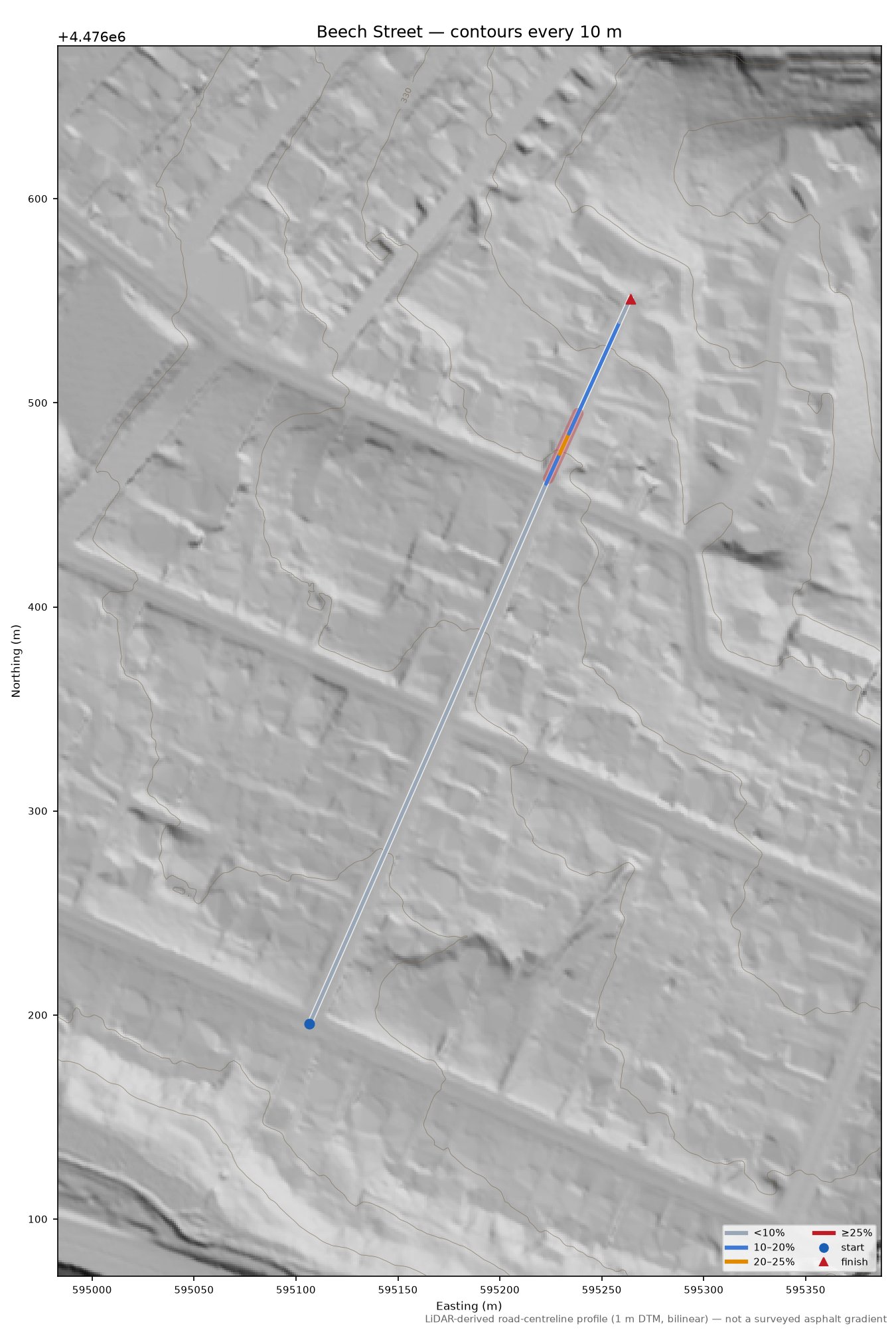 Beech Street LiDAR hillshade map with contours