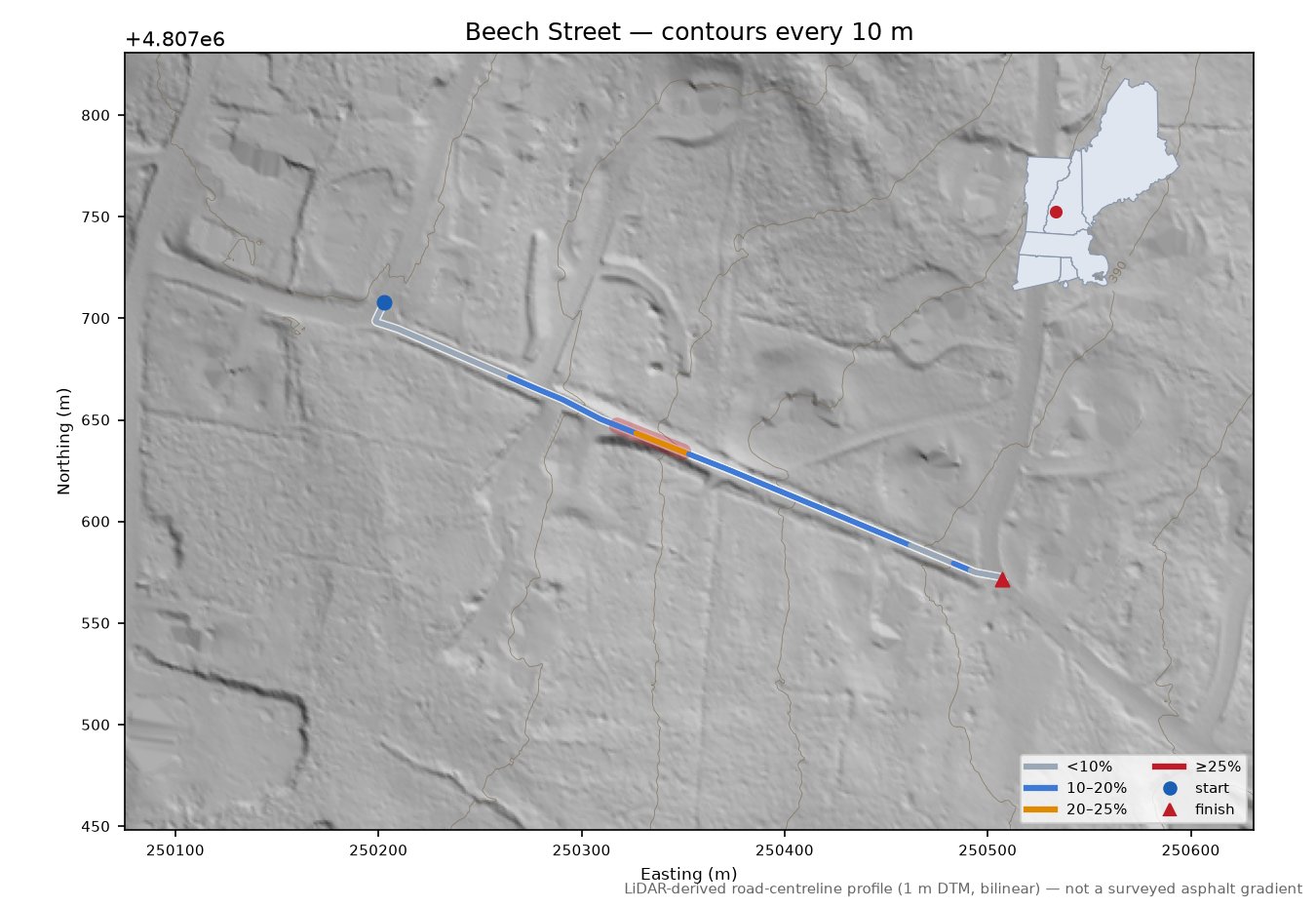 Beech Street LiDAR hillshade map with contours