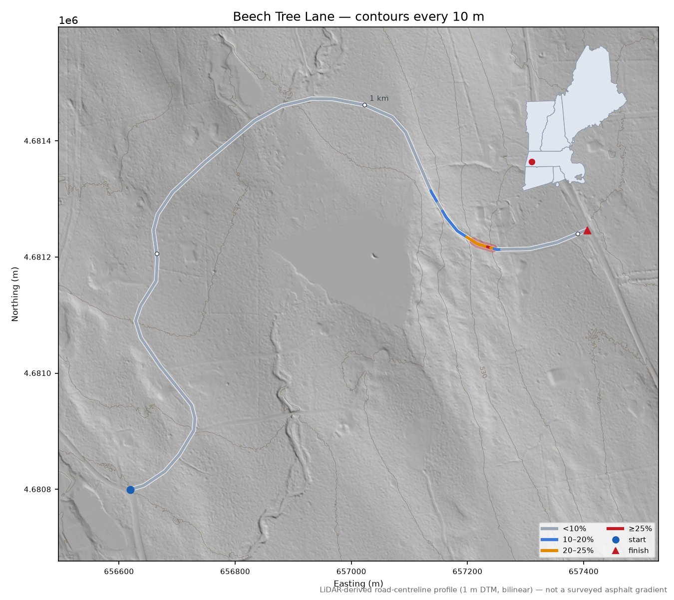 Beech Tree Lane LiDAR hillshade map with contours