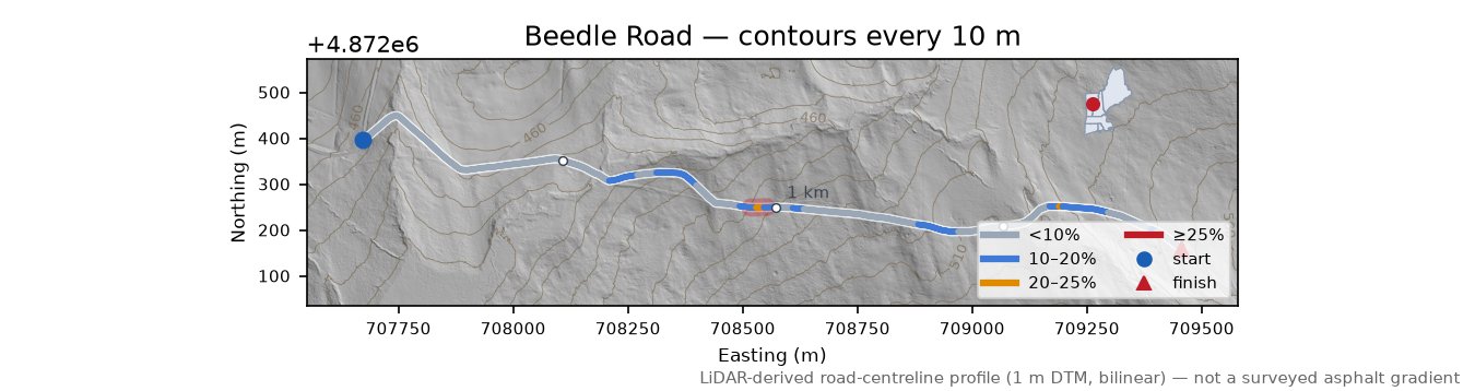 Beedle Road LiDAR hillshade map with contours