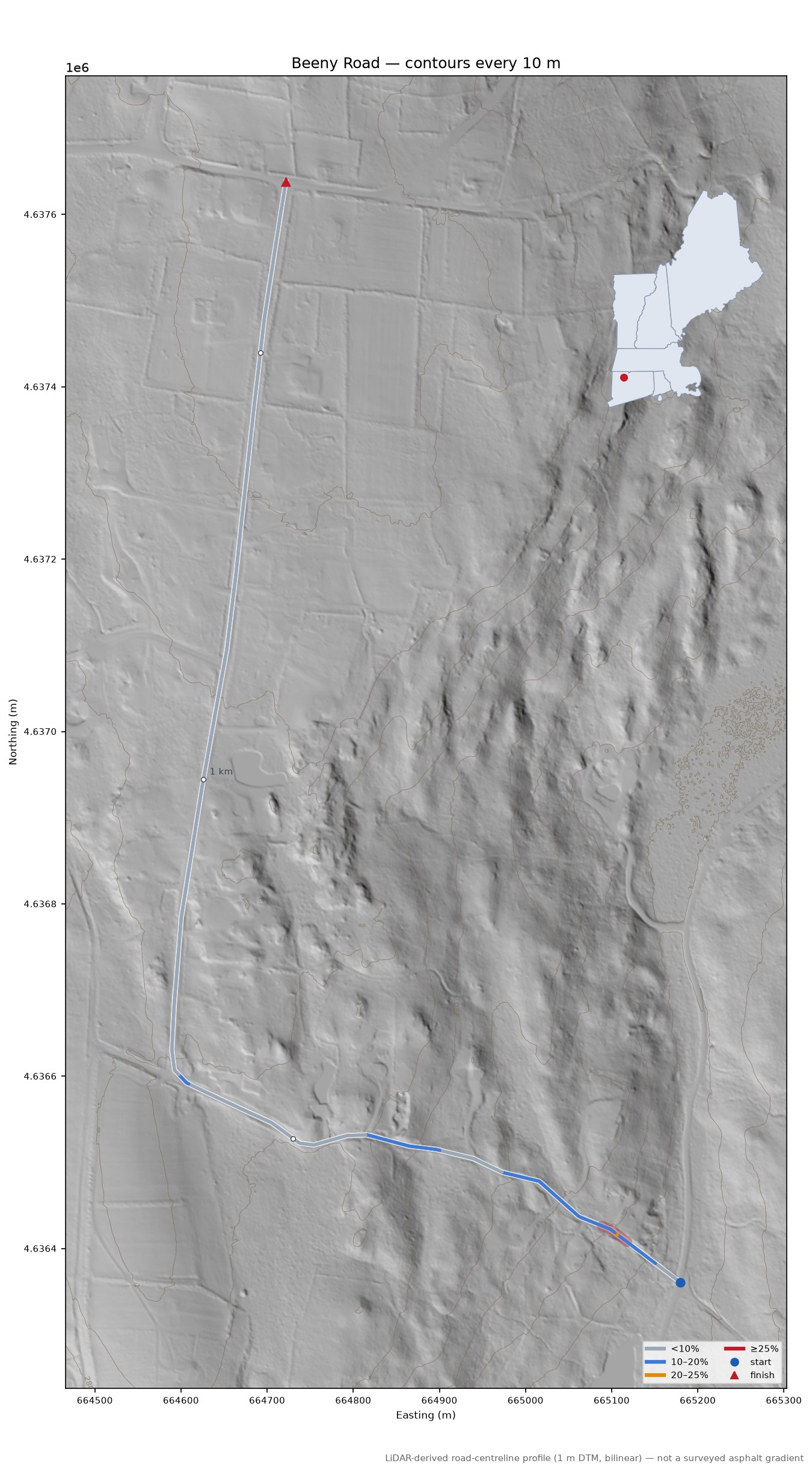 Beeny Road LiDAR hillshade map with contours