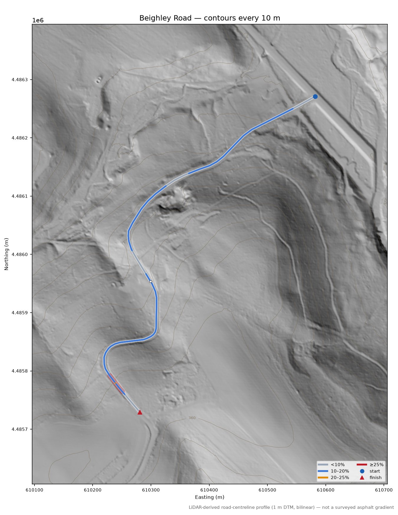 Beighley Road LiDAR hillshade map with contours