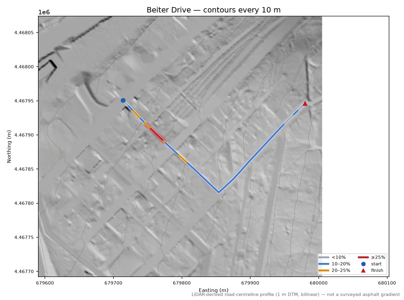 Beiter Drive LiDAR hillshade map with contours