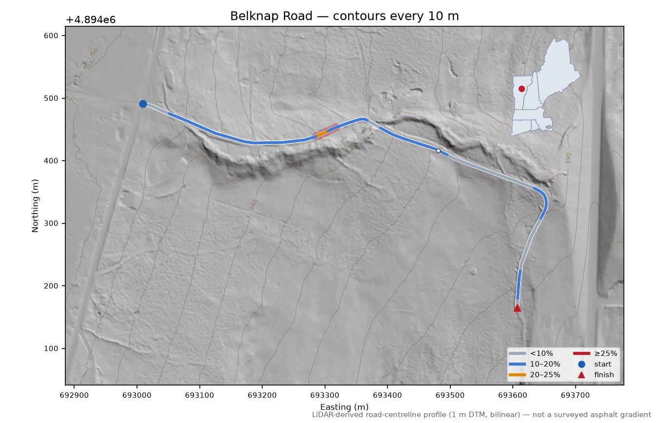 Belknap Road LiDAR hillshade map with contours