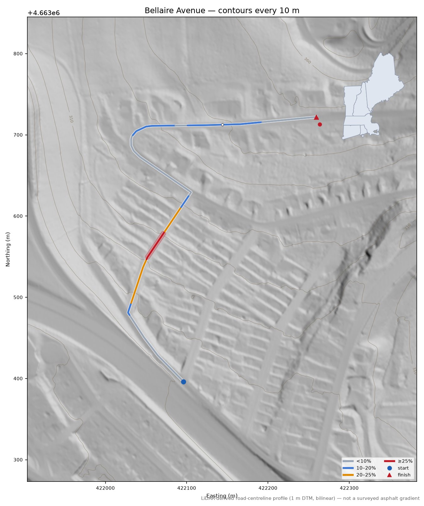 Bellaire Avenue LiDAR hillshade map with contours