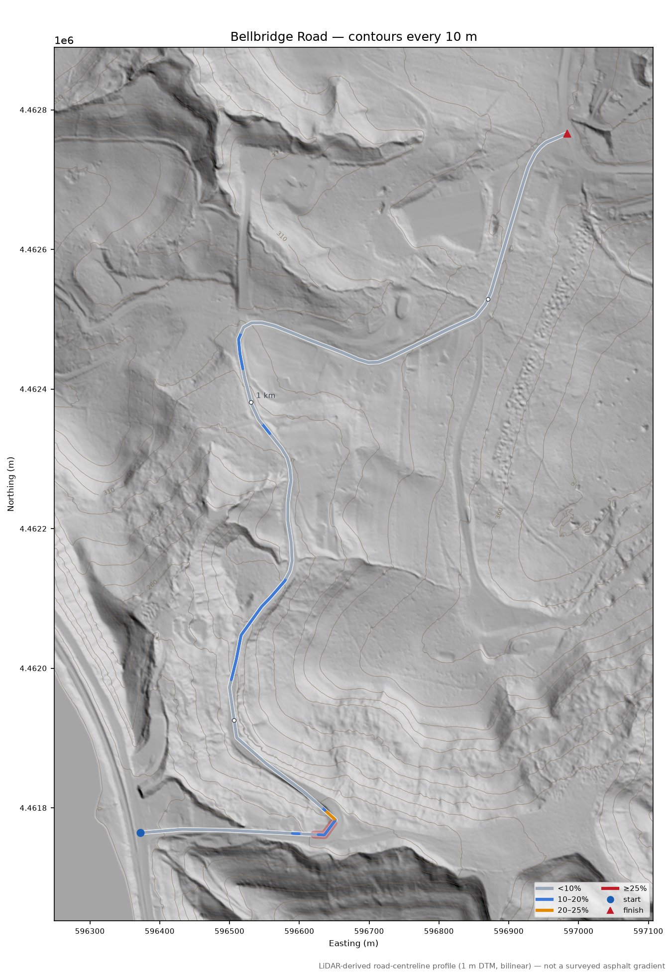Bellbridge Road LiDAR hillshade map with contours