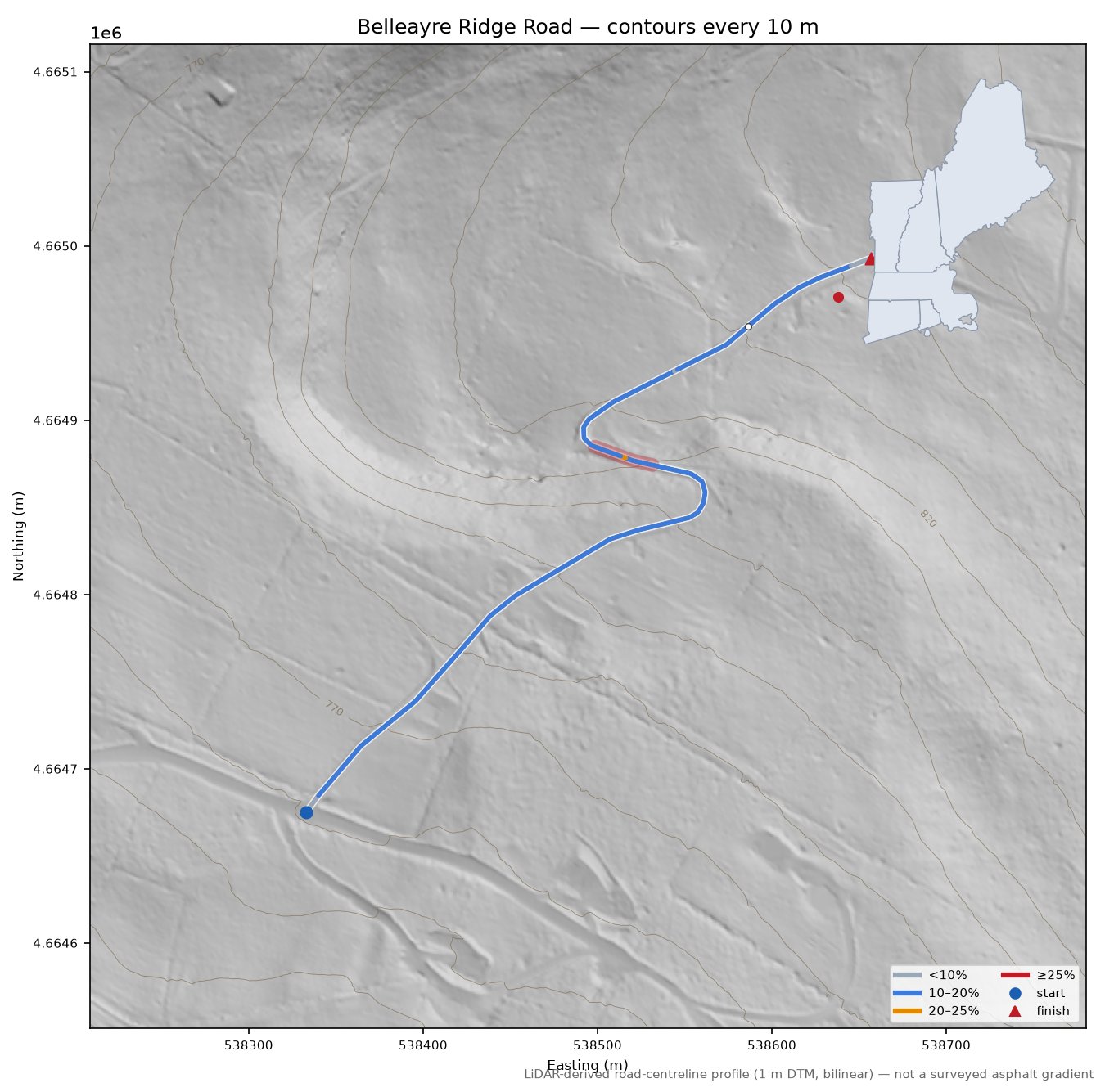 Belleayre Ridge Road LiDAR hillshade map with contours