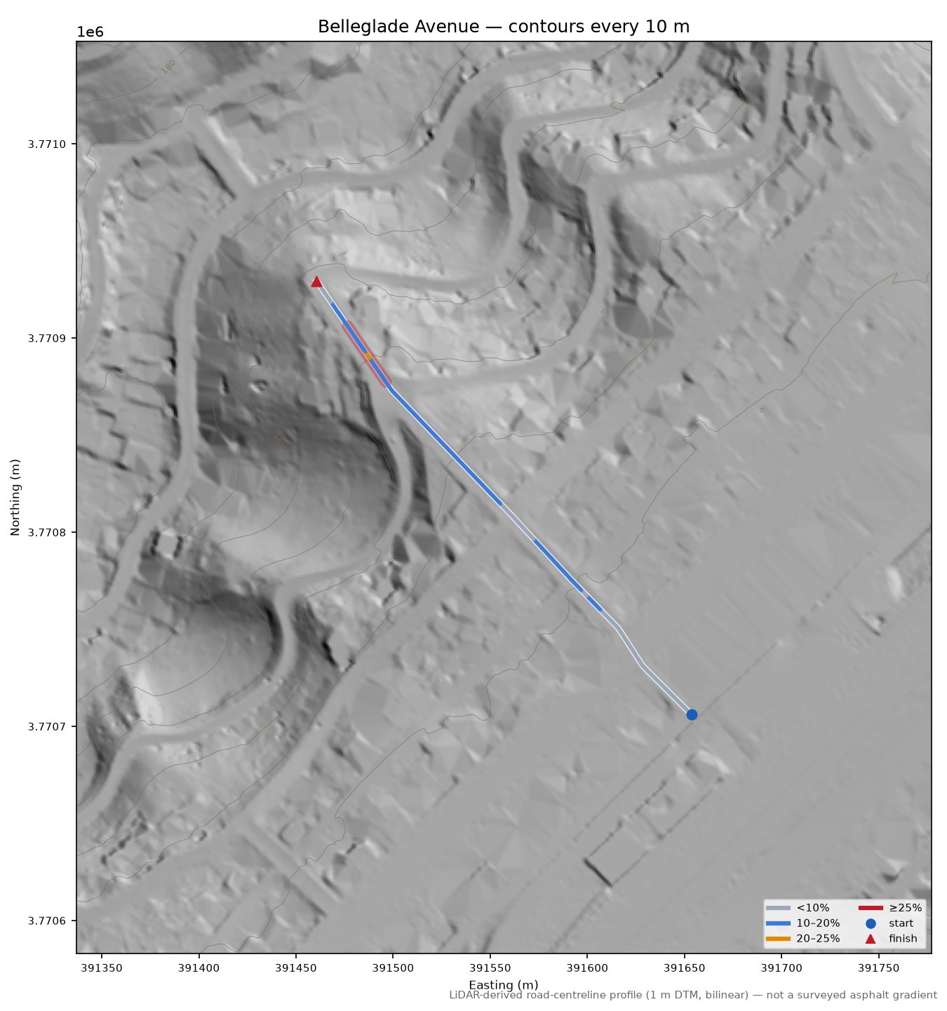 Belleglade Avenue LiDAR hillshade map with contours