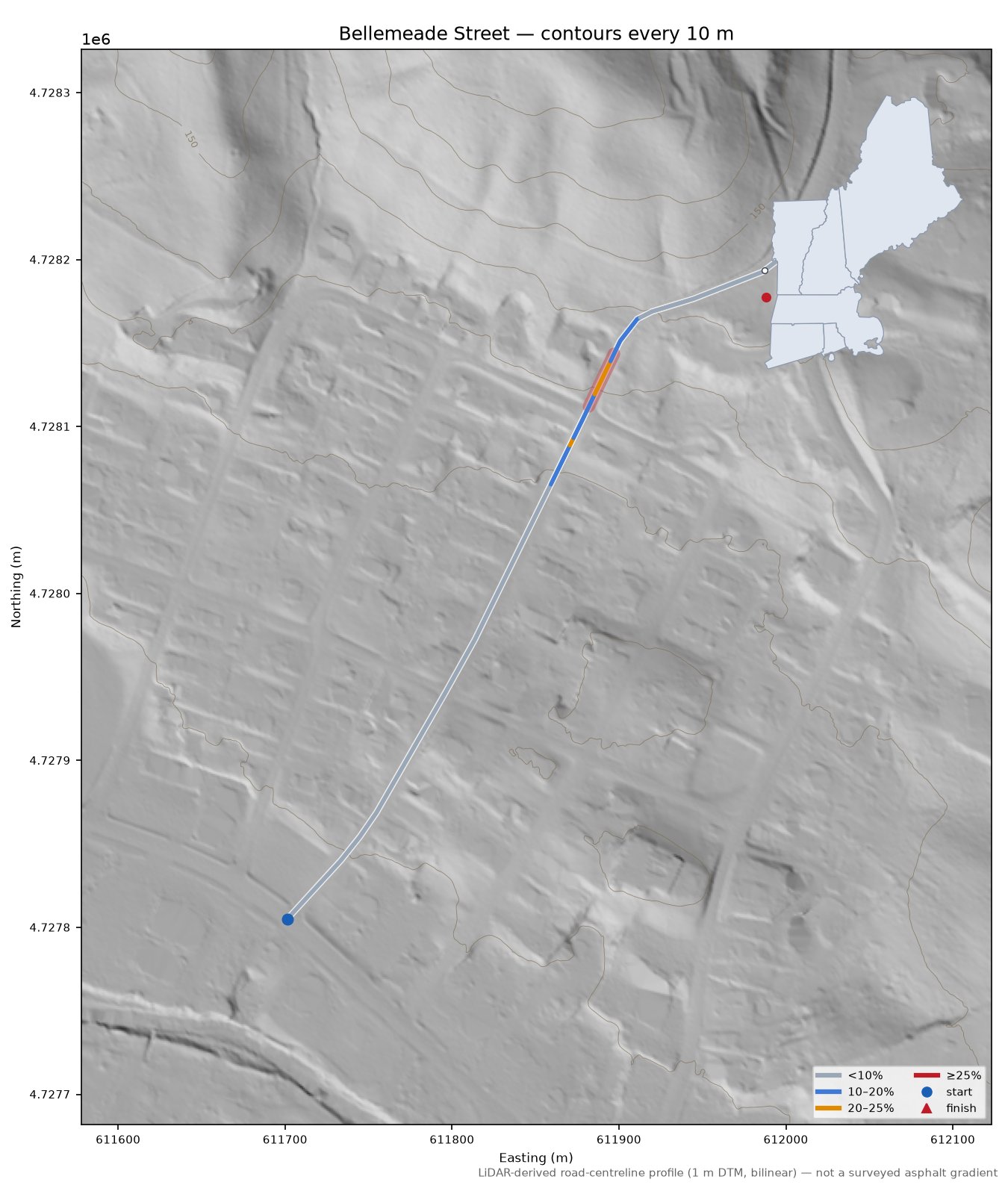 Bellemeade Street LiDAR hillshade map with contours