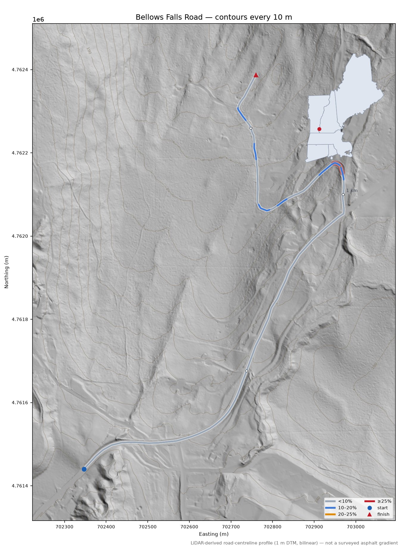 Bellows Falls Road LiDAR hillshade map with contours