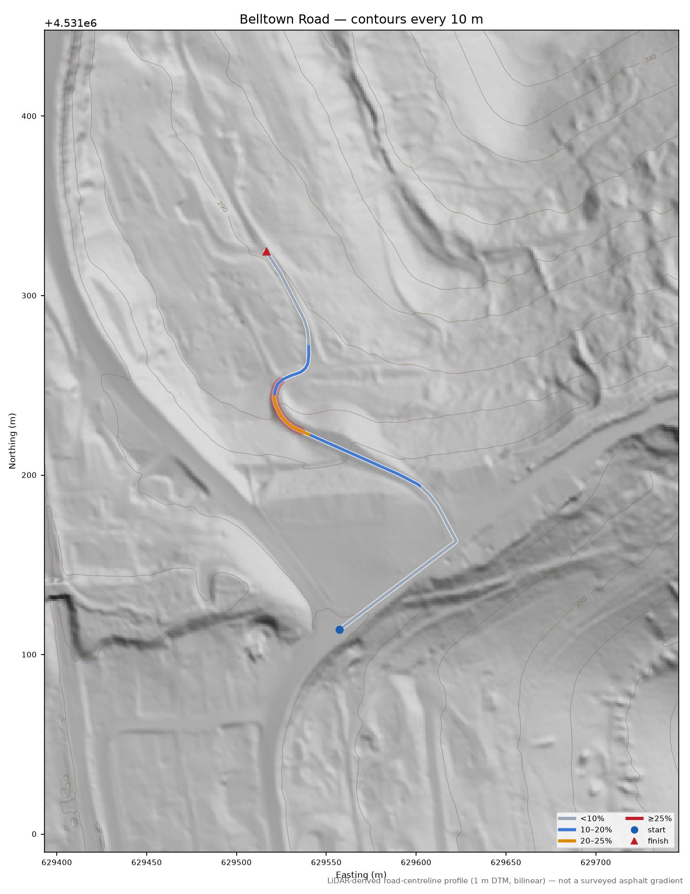 Belltown Road LiDAR hillshade map with contours