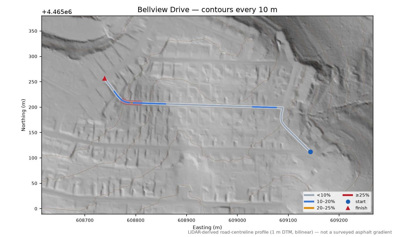 Bellview Drive LiDAR hillshade map with contours