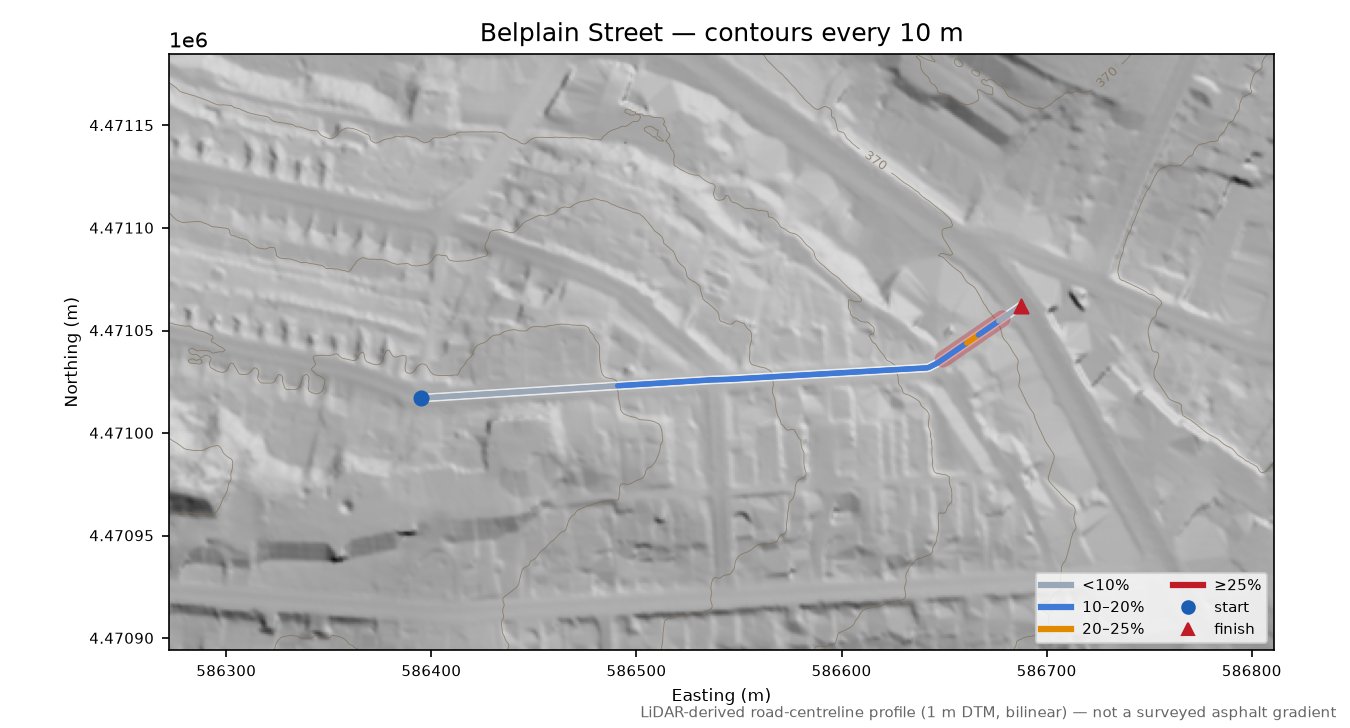 Belplain Street LiDAR hillshade map with contours