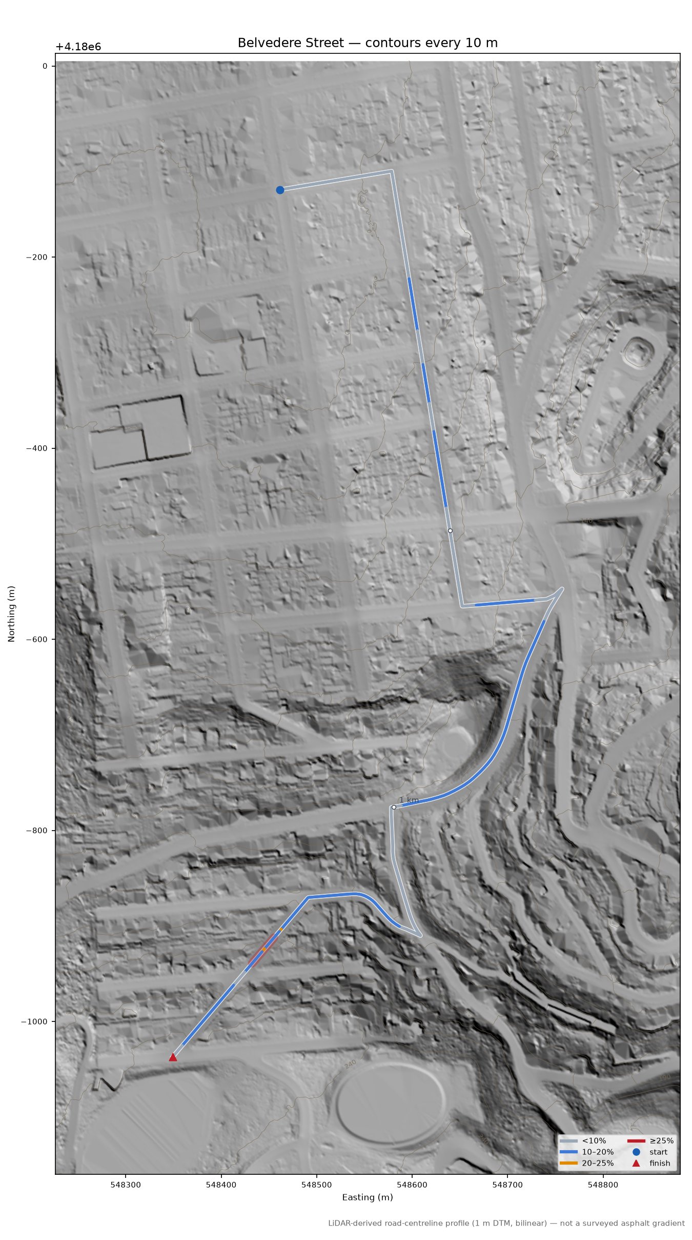 Belvedere Street LiDAR hillshade map with contours