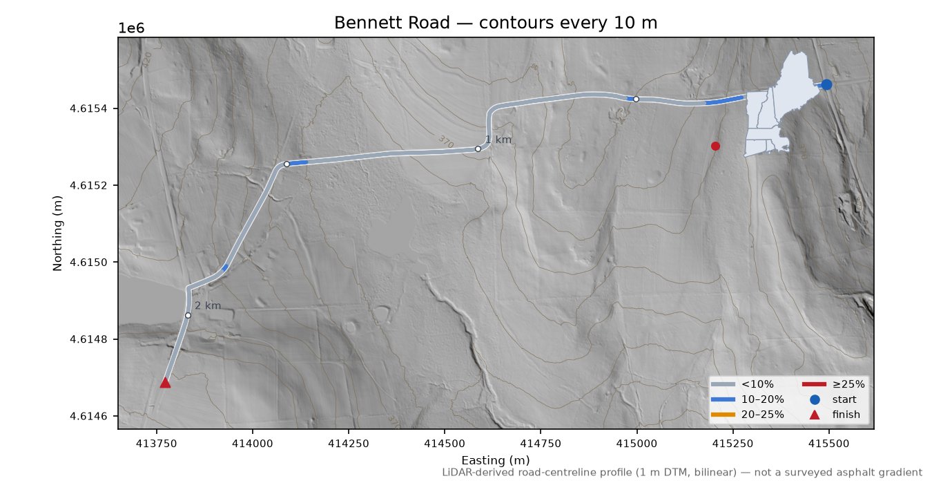Bennett Road LiDAR hillshade map with contours
