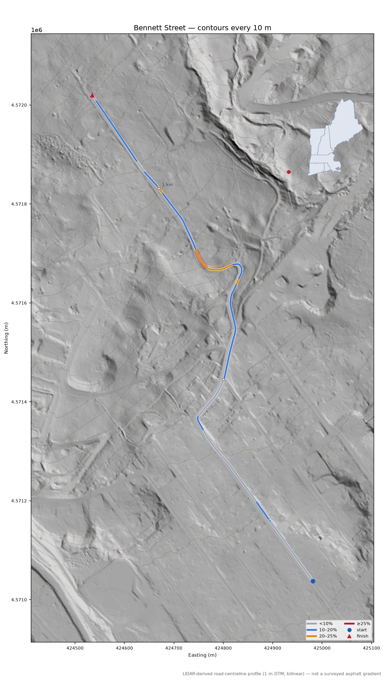 Bennett Street LiDAR hillshade map with contours