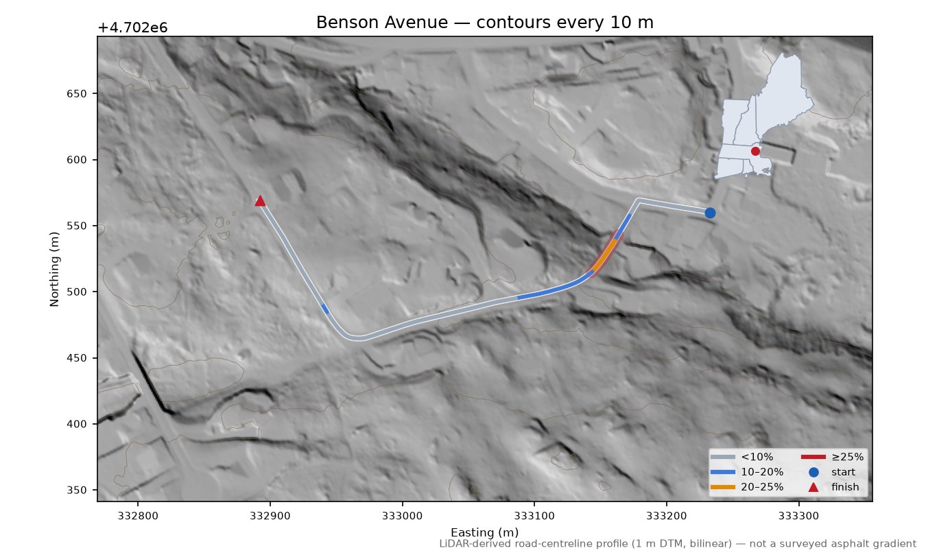 Benson Avenue LiDAR hillshade map with contours