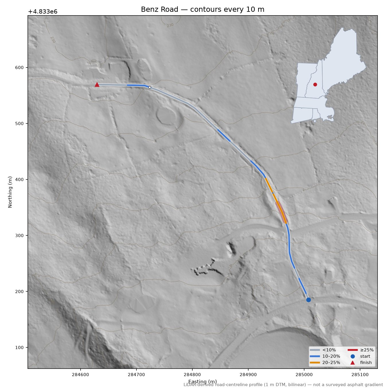 Benz Road LiDAR hillshade map with contours