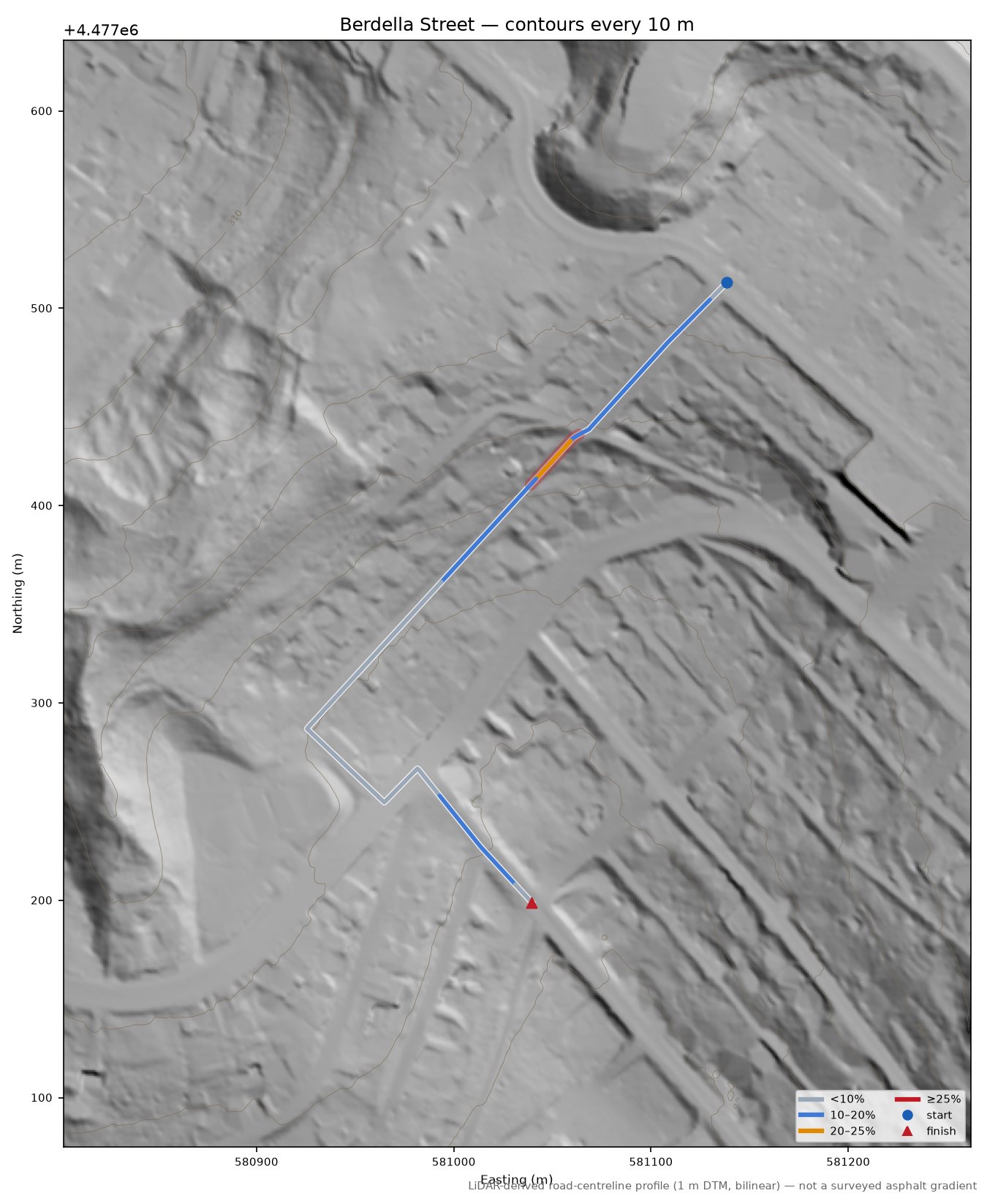 Berdella Street LiDAR hillshade map with contours