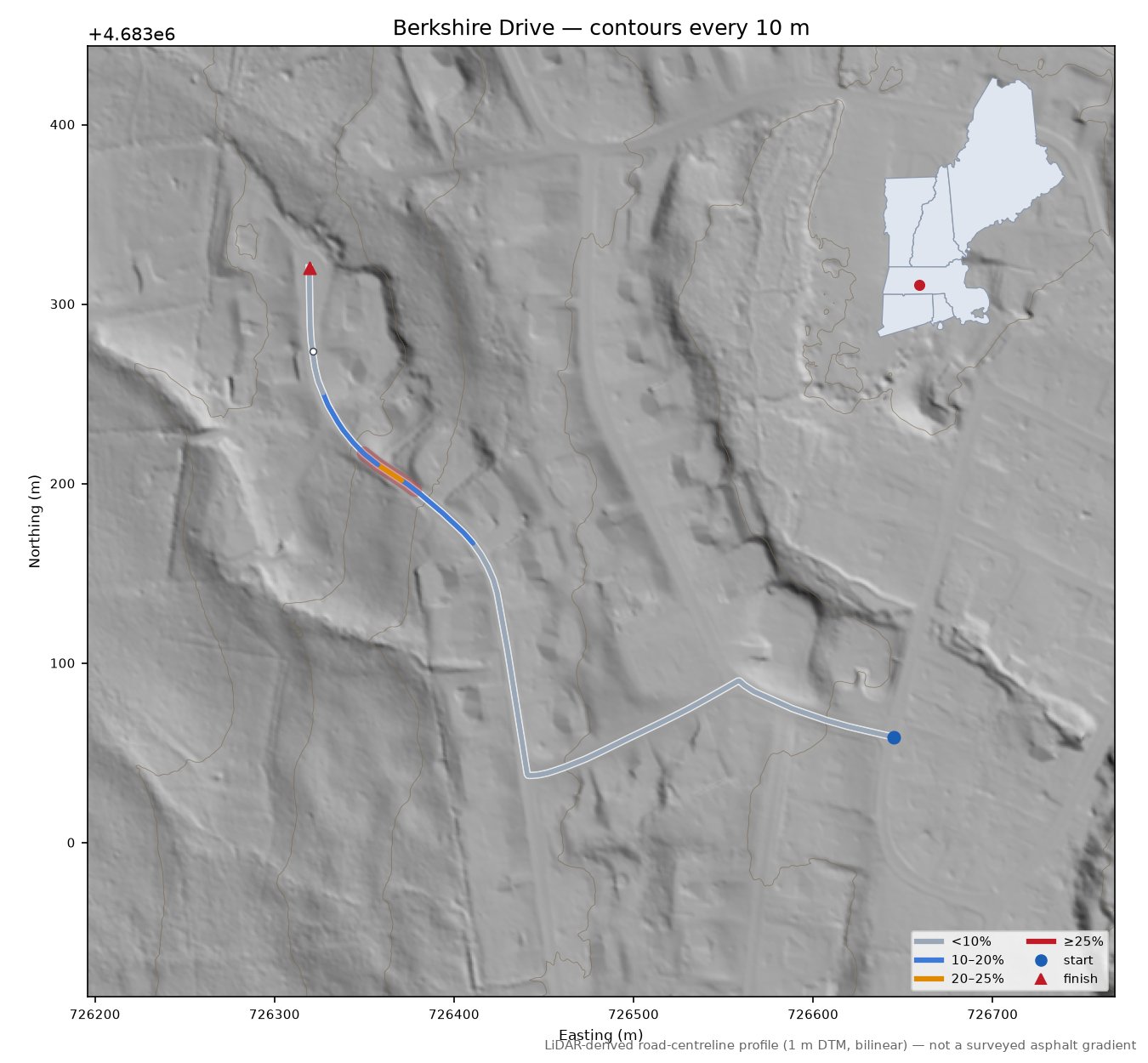 Berkshire Drive LiDAR hillshade map with contours