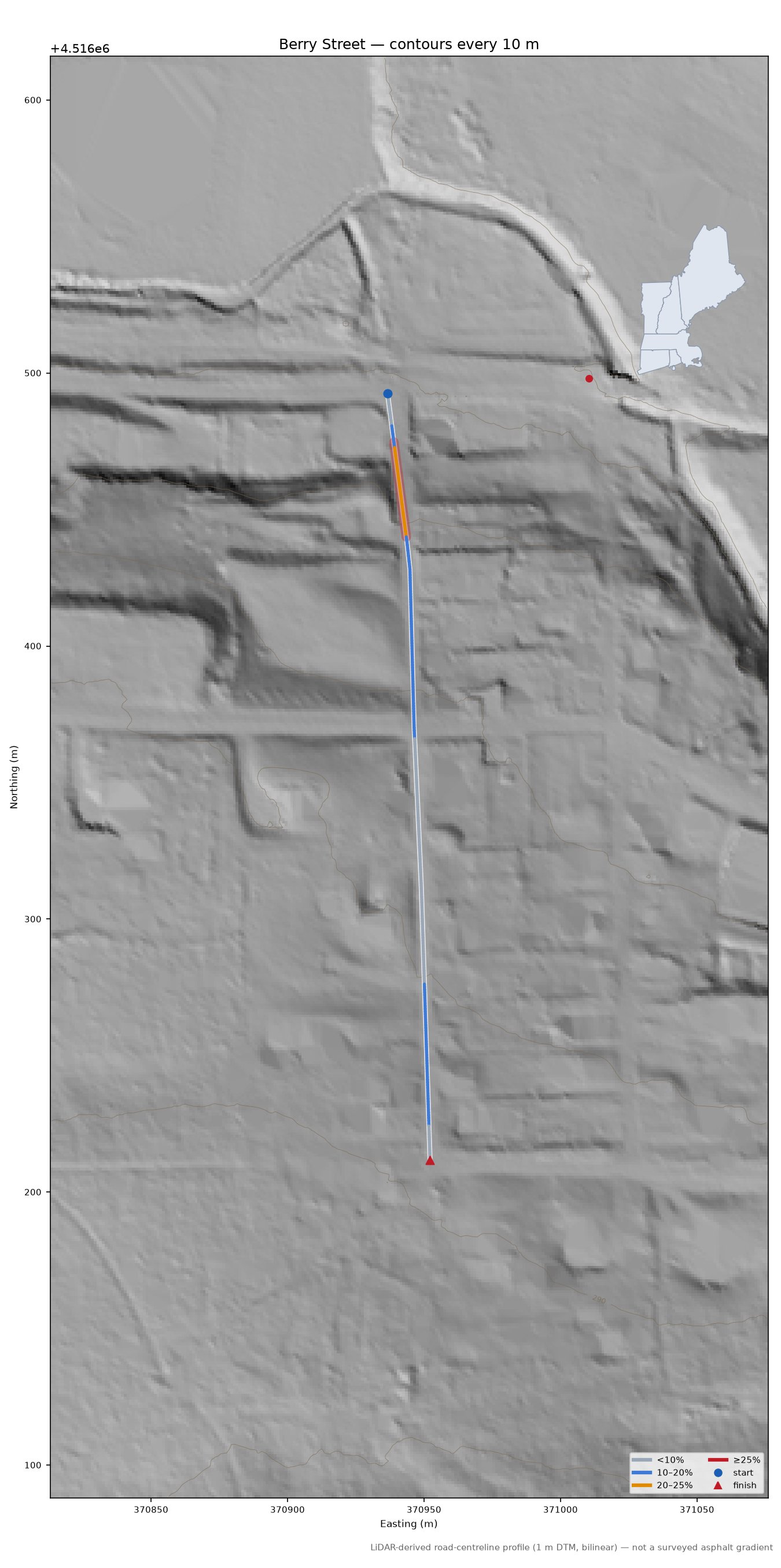 Berry Street LiDAR hillshade map with contours