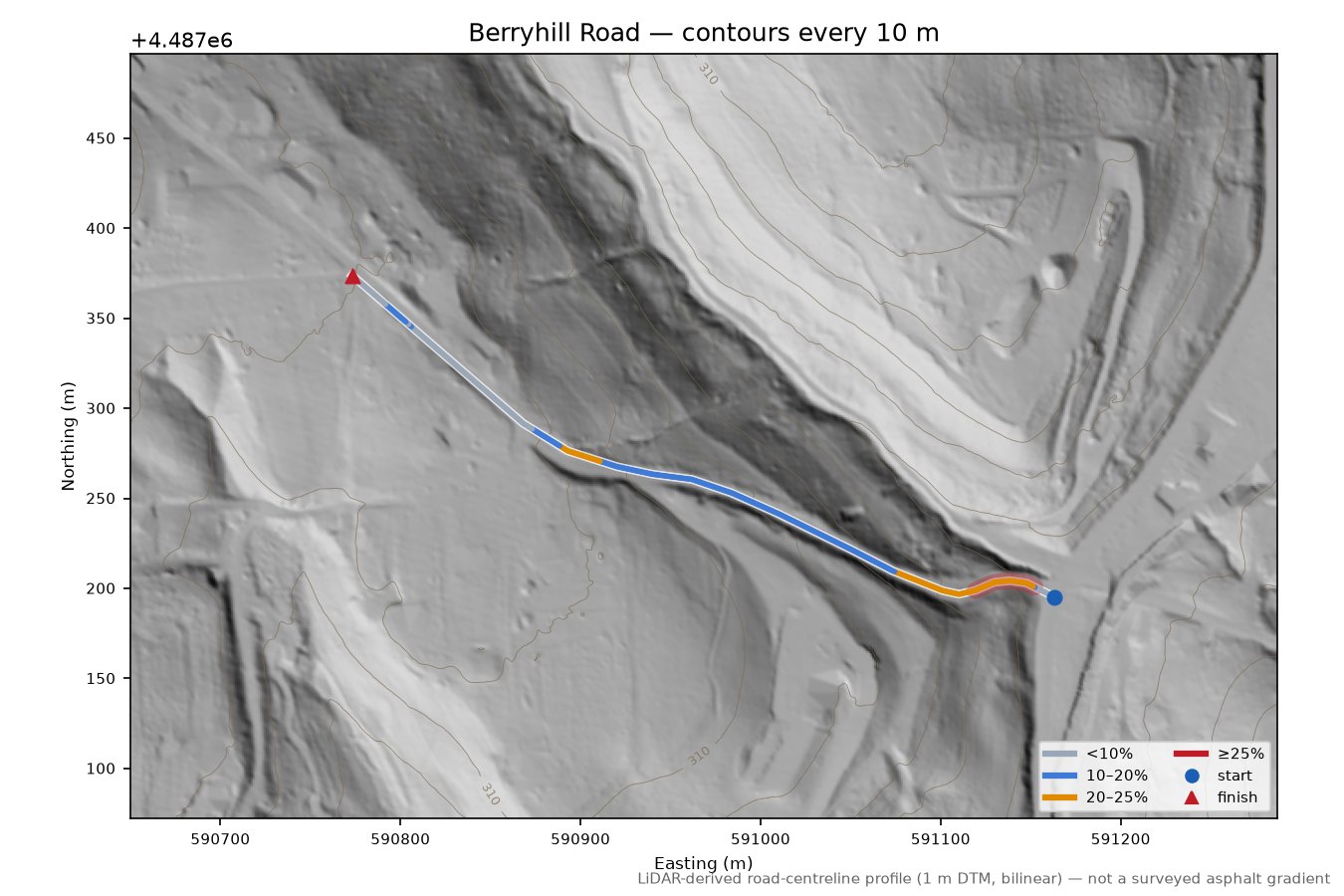 Berryhill Road LiDAR hillshade map with contours
