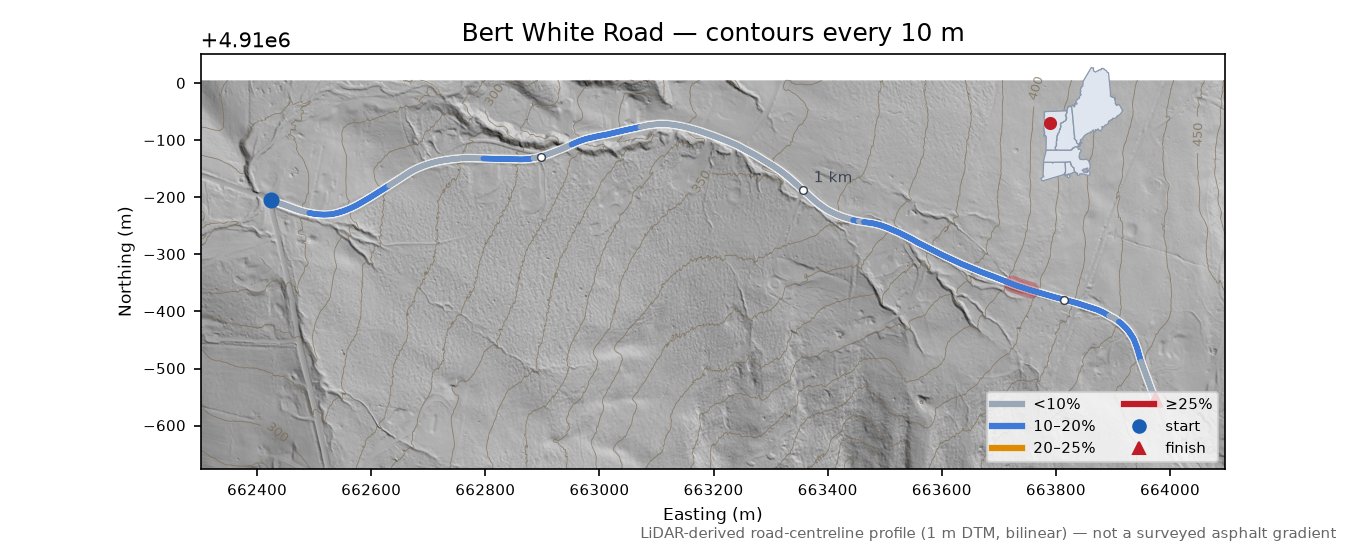 Bert White Road LiDAR hillshade map with contours