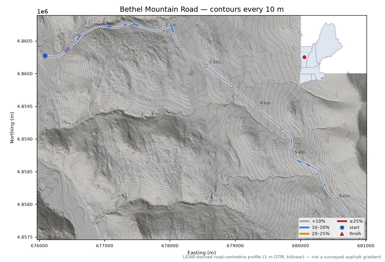 Bethel Mountain Road LiDAR hillshade map with contours