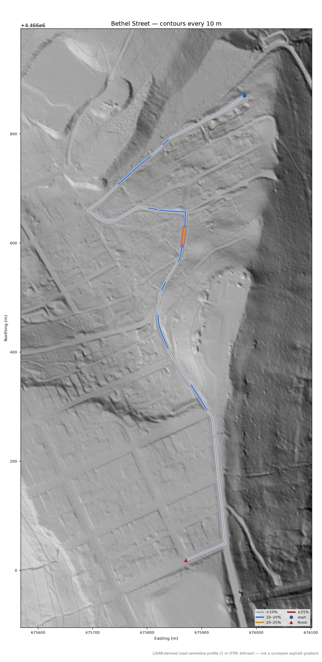 Bethel Street LiDAR hillshade map with contours