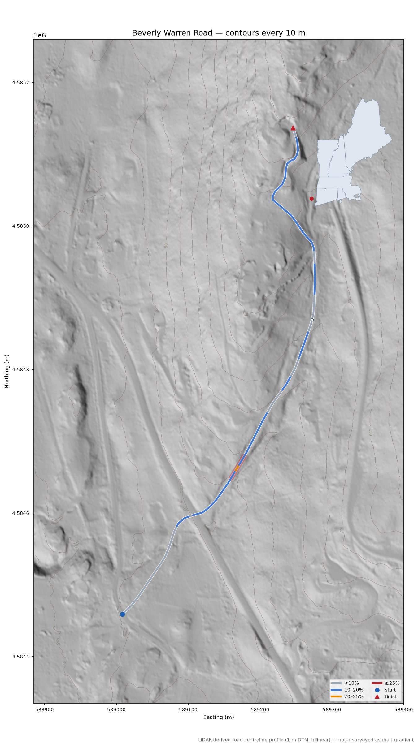 Beverly Warren Road LiDAR hillshade map with contours