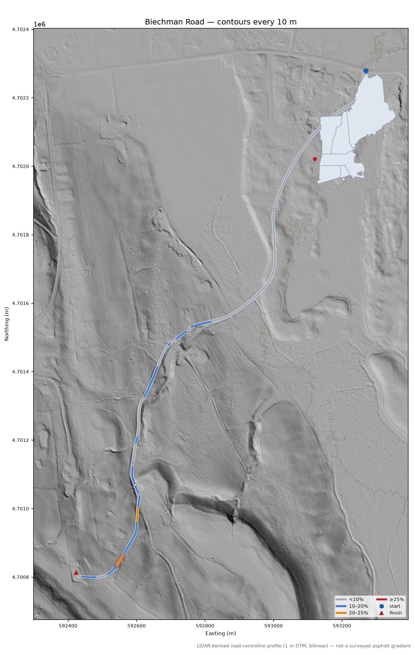 Biechman Road LiDAR hillshade map with contours