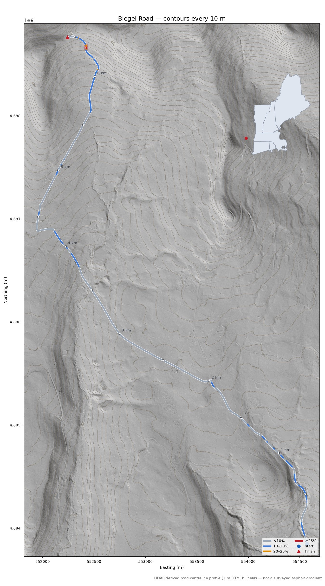 Biegel Road LiDAR hillshade map with contours