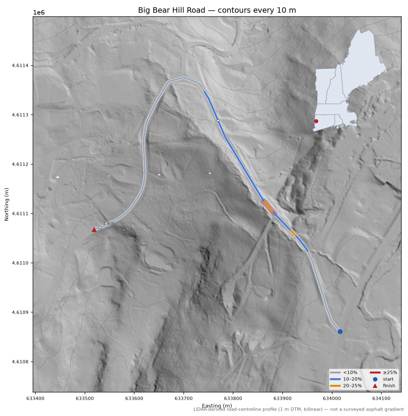 Big Bear Hill Road LiDAR hillshade map with contours