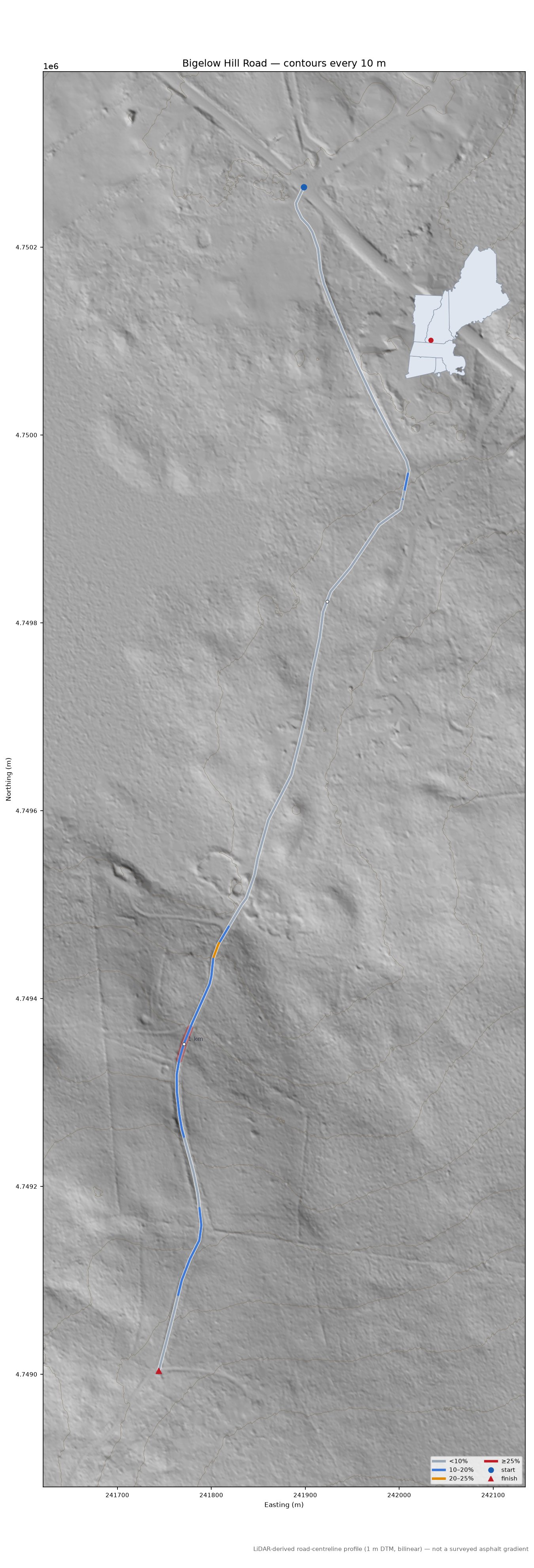 Bigelow Hill Road LiDAR hillshade map with contours