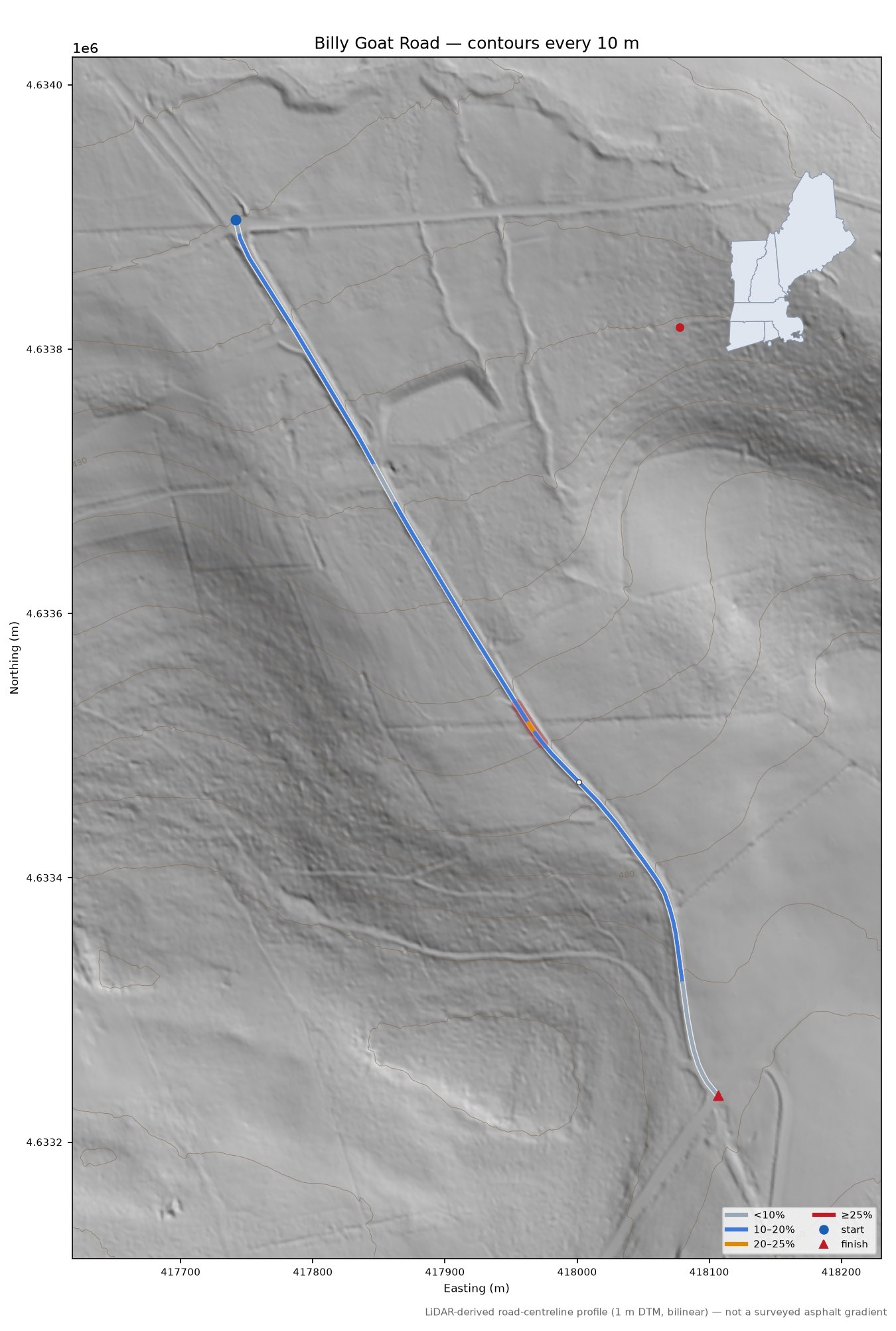 Billy Goat Road LiDAR hillshade map with contours